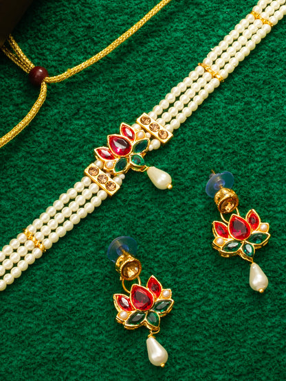 Aadita Gold Plated Pearl Beaded Lotus Design Choker Necklace Set for Women