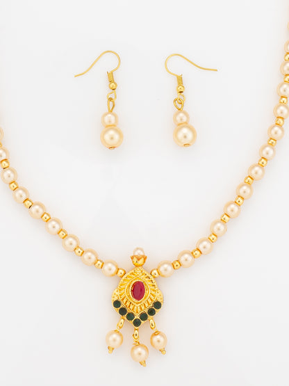 Aadita Gold-Plated Pearl Beaded Traditional Necklace Set