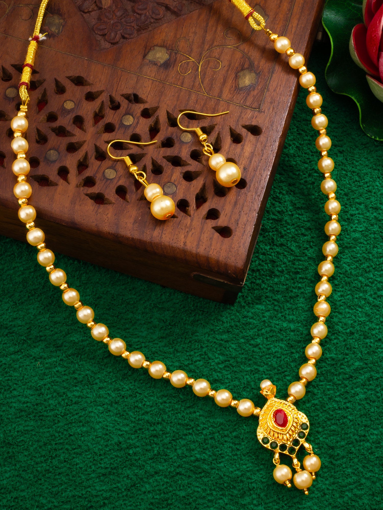 Aadita Gold-Plated Pearl Beaded Traditional Necklace Set