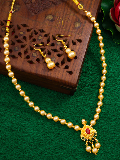 Aadita Gold-Plated Pearl Beaded Traditional Necklace Set