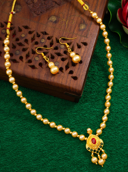 Aadita Gold-Plated Pearl Beaded Traditional Necklace Set