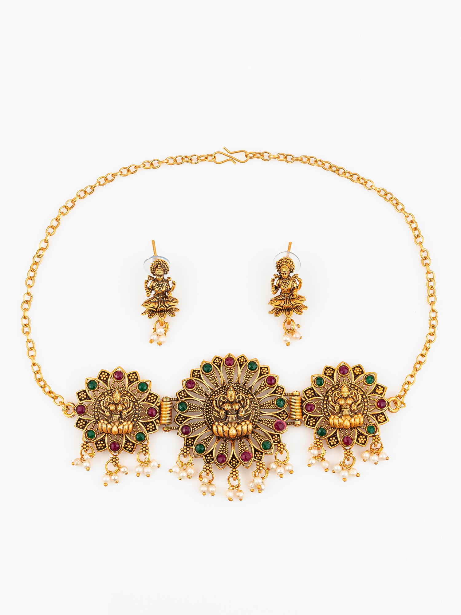 Aadita Antique Gold Plated Temple Jewellery Necklace Set with Laxmi Motif and Earrings for Women