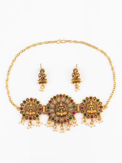 Aadita Antique Gold Plated Temple Jewellery Necklace Set with Laxmi Motif and Earrings for Women