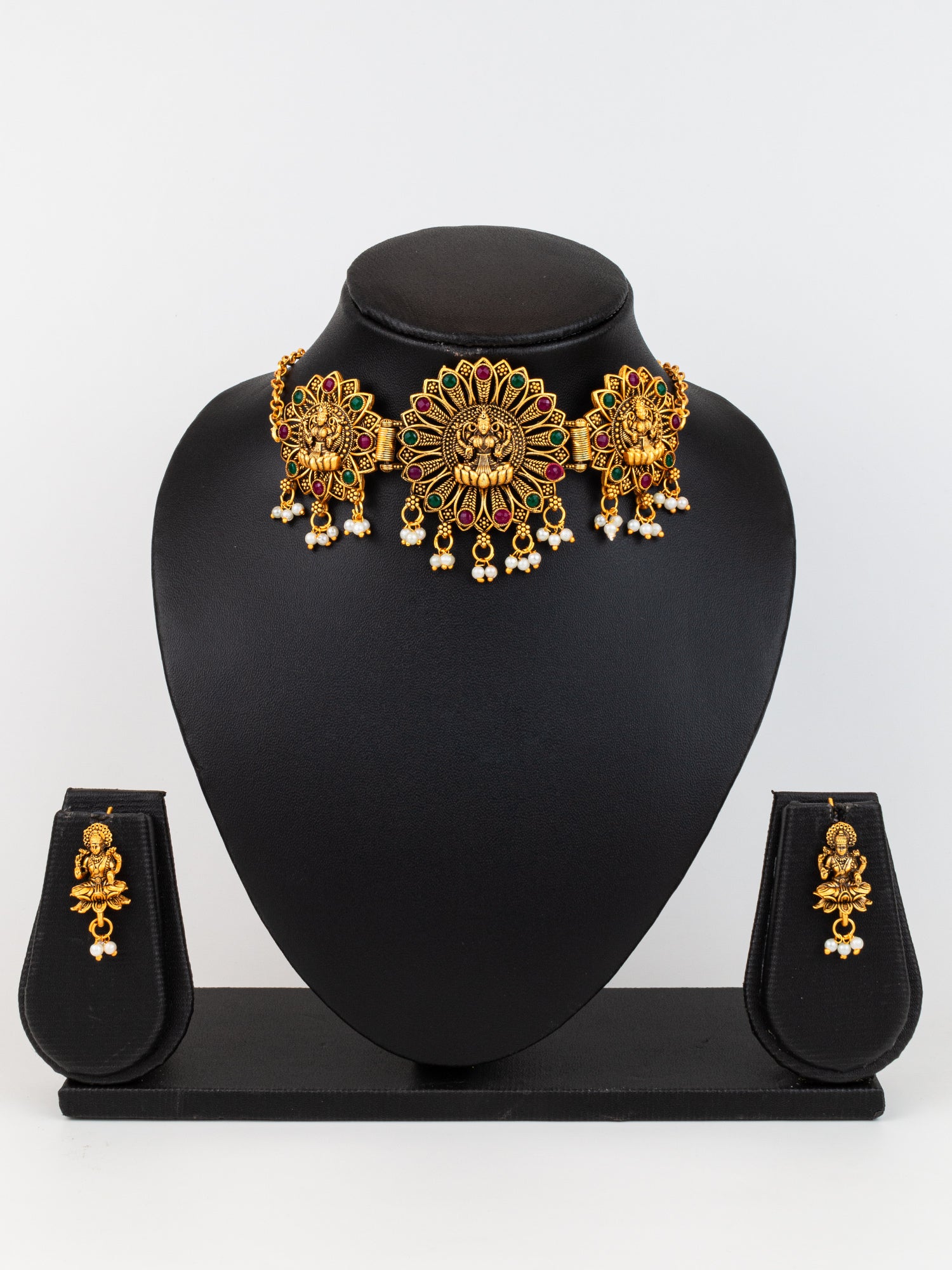 Aadita Antique Gold Plated Temple Jewellery Necklace Set with Laxmi Motif and Earrings for Women
