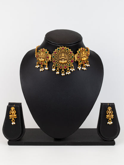 Aadita Antique Gold Plated Temple Jewellery Necklace Set with Laxmi Motif and Earrings for Women