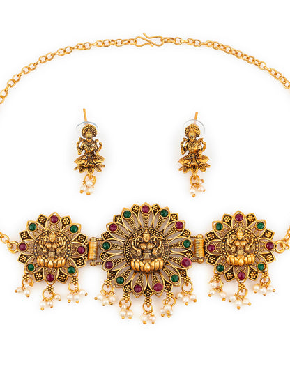 Aadita Antique Gold Plated Temple Jewellery Necklace Set with Laxmi Motif and Earrings for Women