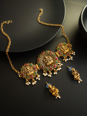Aadita Antique Gold Plated Temple Jewellery Necklace Set with Laxmi Motif and Earrings for Women