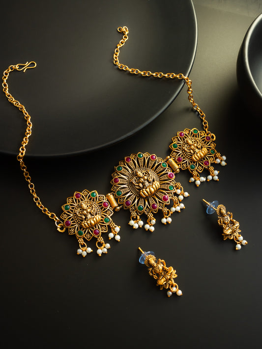 Aadita Antique Gold Plated Temple Jewellery Necklace Set with Laxmi Motif and Earrings for Women
