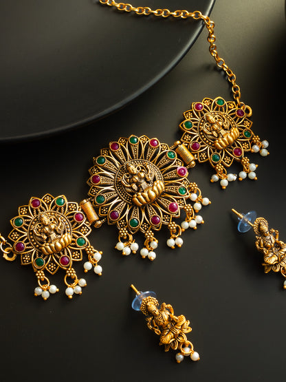Aadita Antique Gold Plated Temple Jewellery Necklace Set with Laxmi Motif and Earrings for Women