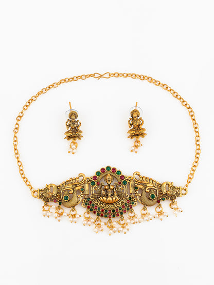 Aadita Antique Gold Plated Goddess Laxmi Temple Necklace Set with Earrings