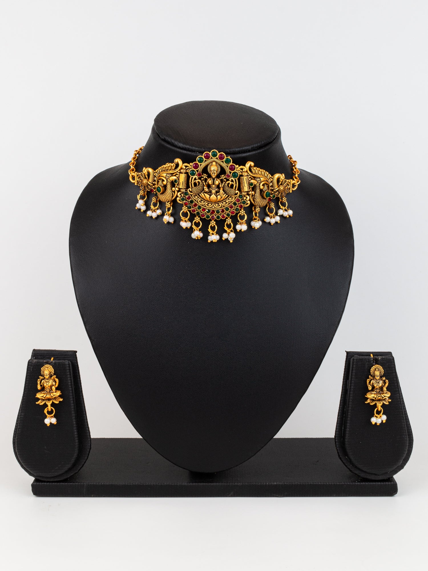 Aadita Antique Gold Plated Goddess Laxmi Temple Necklace Set with Earrings