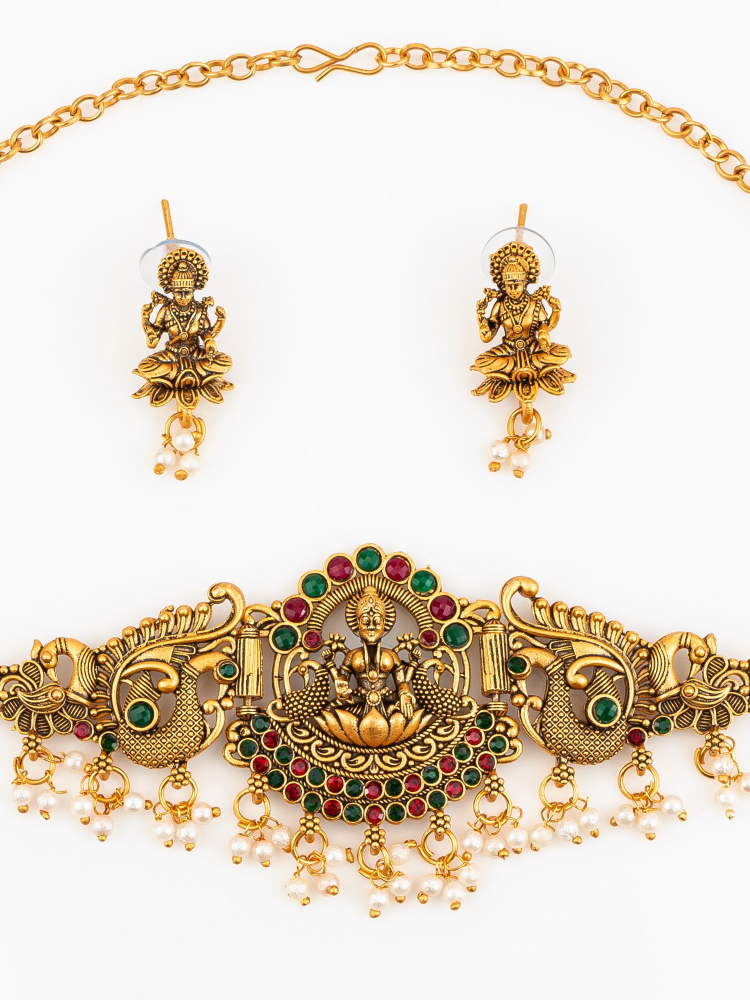 Aadita Antique Gold Plated Goddess Laxmi Temple Necklace Set with Earrings