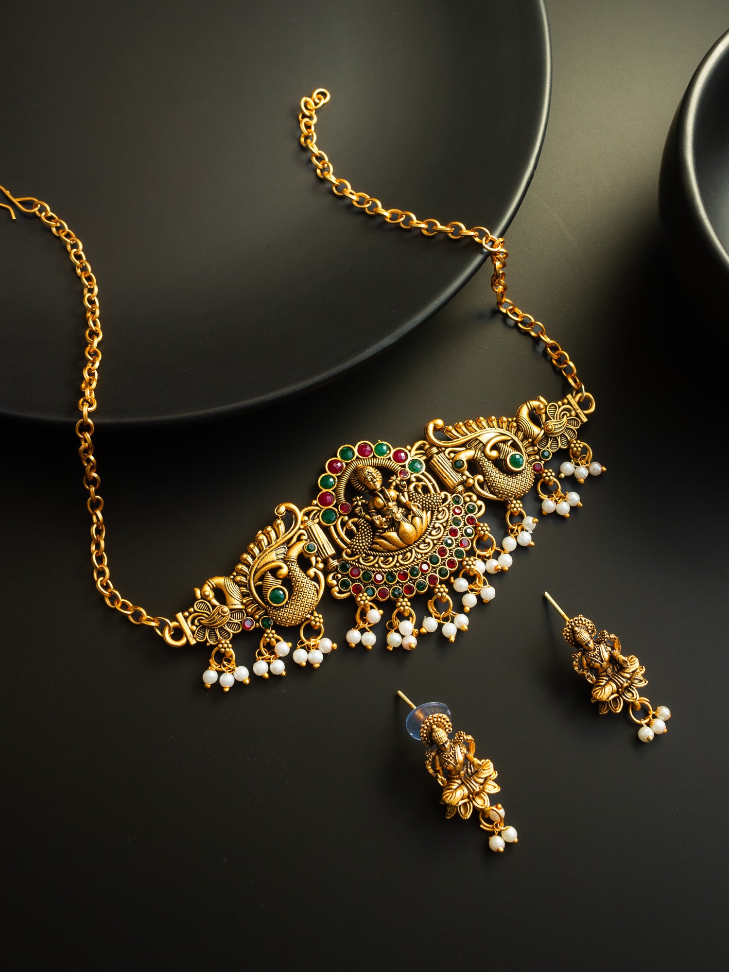Aadita Antique Gold Plated Goddess Laxmi Temple Necklace Set with Earrings