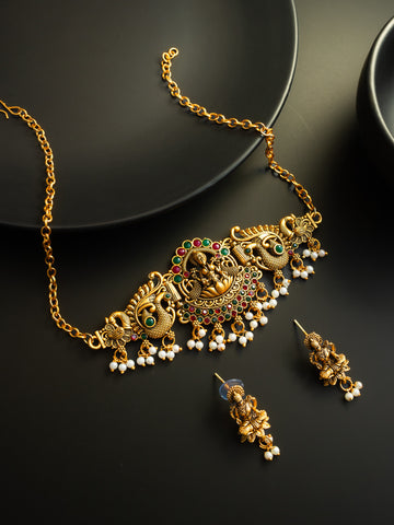 Aadita Antique Gold Plated Goddess Laxmi Temple Necklace Set with Earrings
