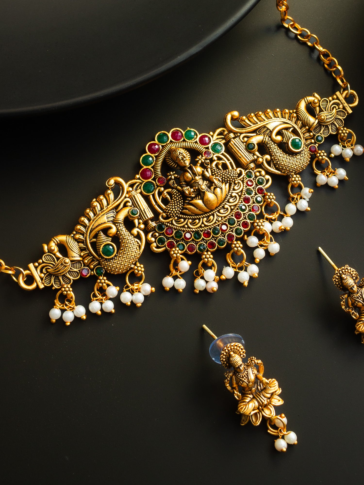 Aadita Antique Gold Plated Goddess Laxmi Temple Necklace Set with Earrings