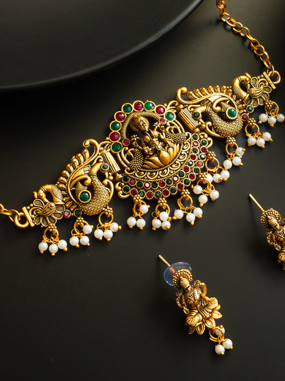 Aadita Antique Gold Plated Goddess Laxmi Temple Necklace Set with Earrings