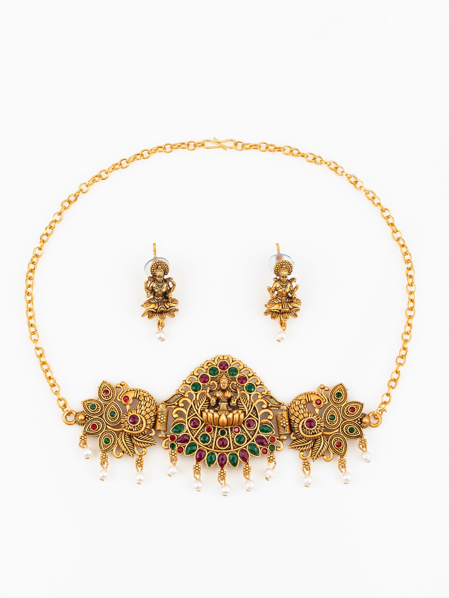 Aadita Gold Plated Traditional Laxmi Temple Necklace Set with Earrings for Women