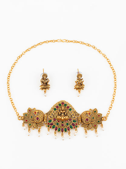 Aadita Gold Plated Traditional Laxmi Temple Necklace Set with Earrings for Women