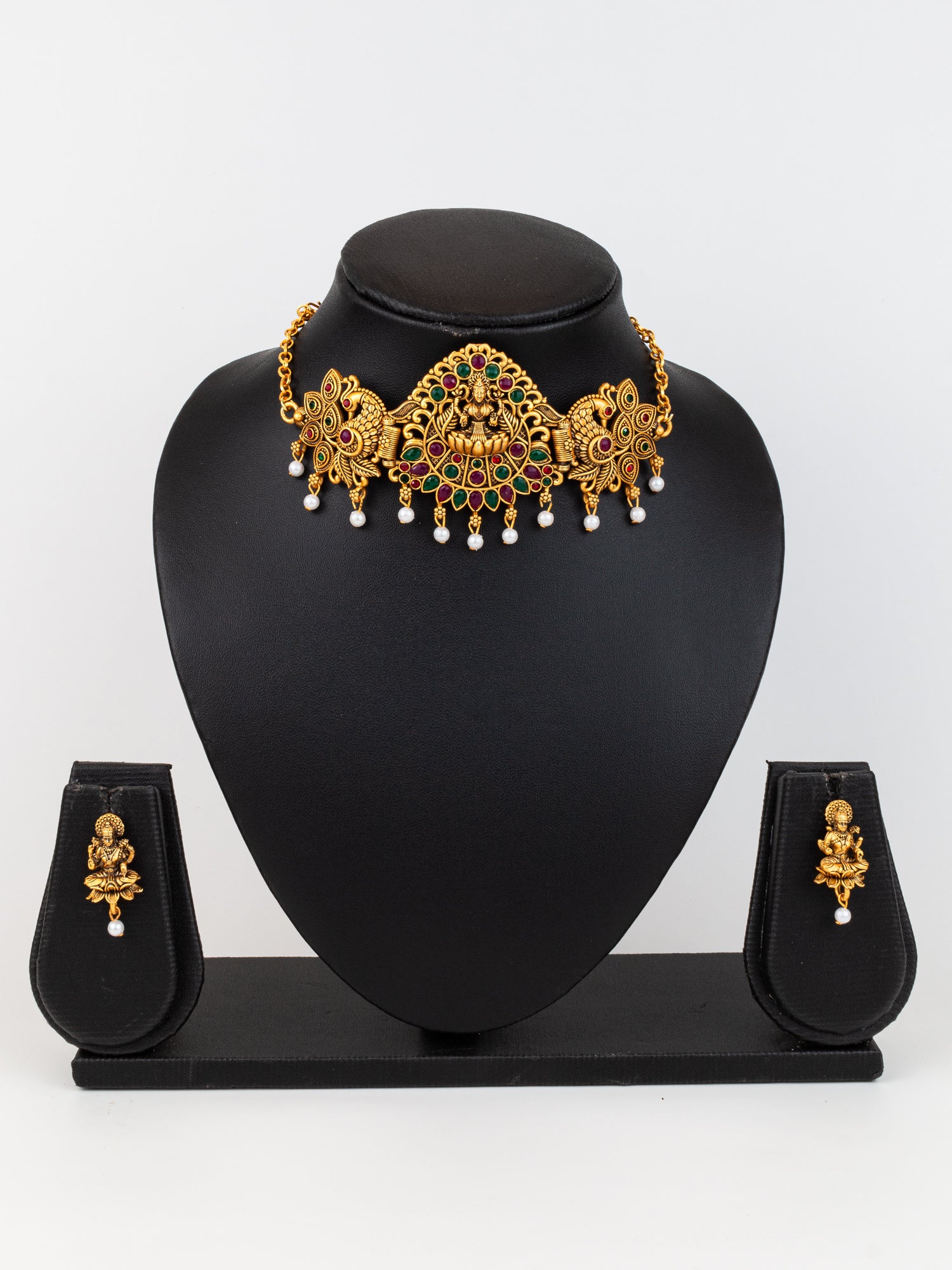 Aadita Gold Plated Traditional Laxmi Temple Necklace Set with Earrings for Women