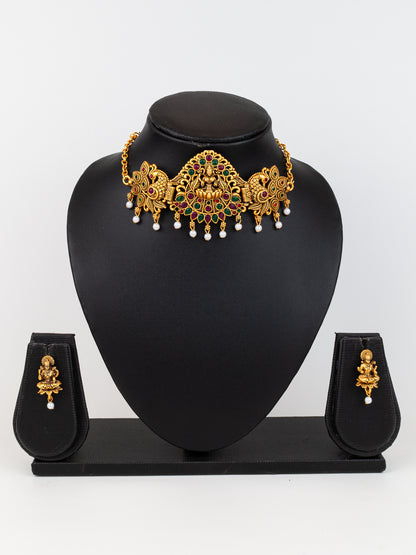 Aadita Gold Plated Traditional Laxmi Temple Necklace Set with Earrings for Women
