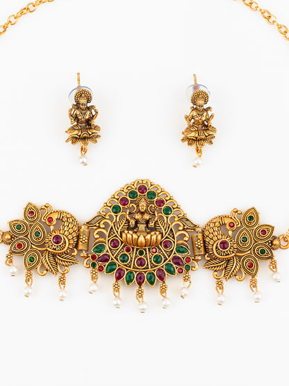Aadita Gold Plated Traditional Laxmi Temple Necklace Set with Earrings for Women