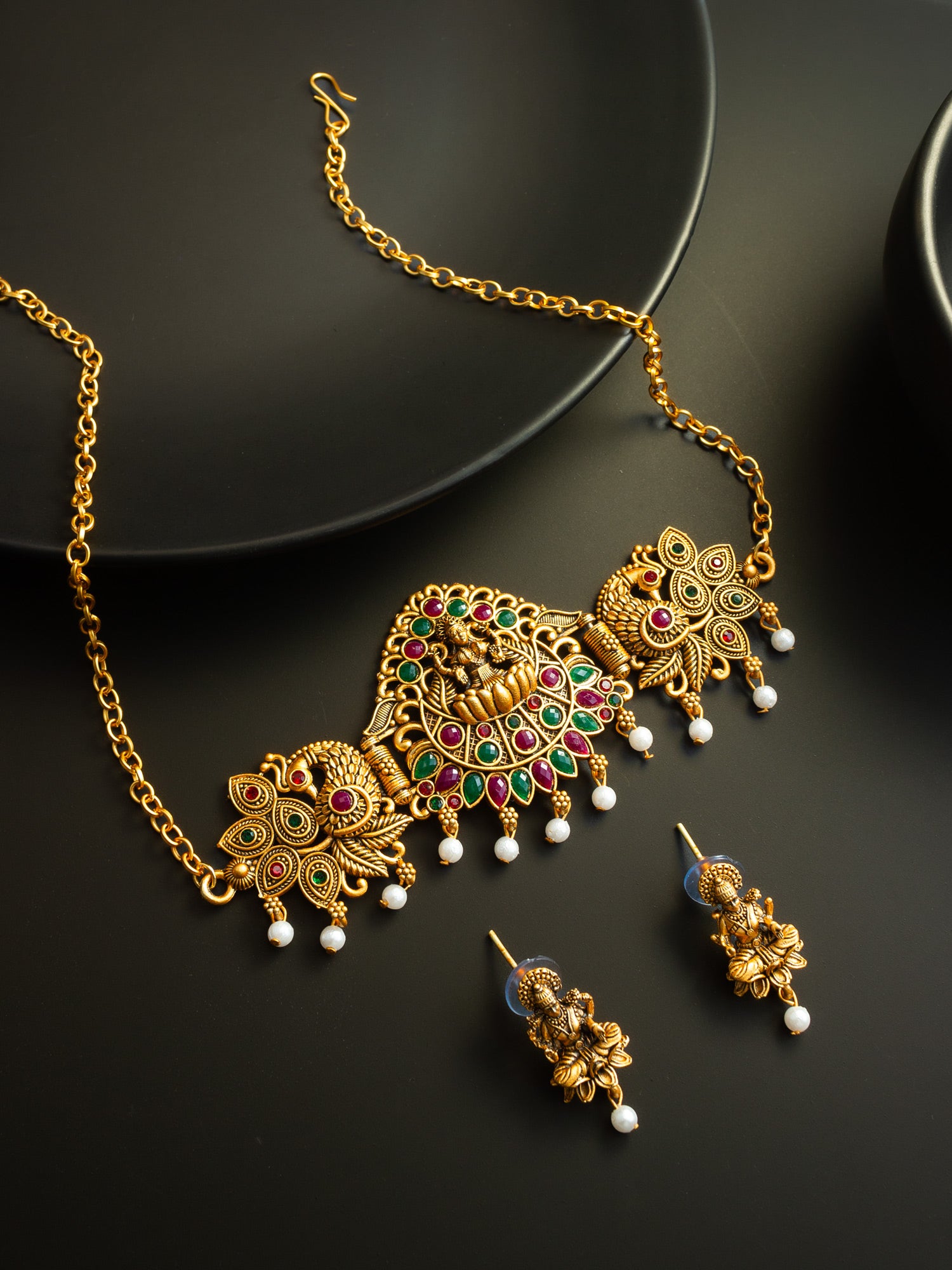 Aadita Gold Plated Traditional Laxmi Temple Necklace Set with Earrings for Women