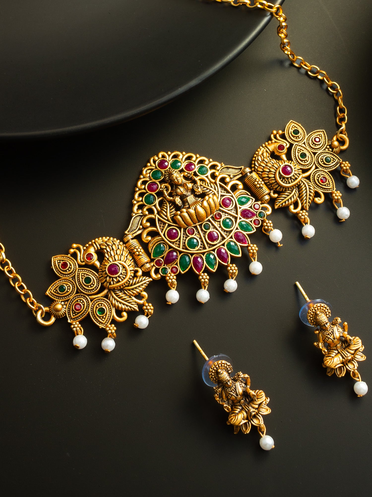 Aadita Gold Plated Traditional Laxmi Temple Necklace Set with Earrings for Women