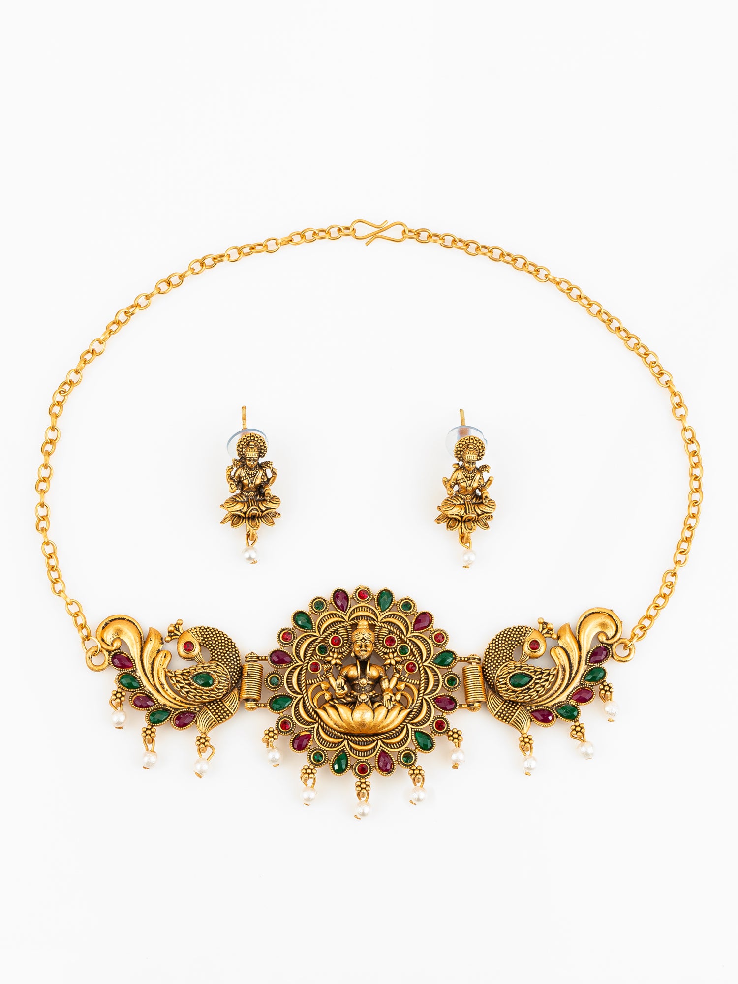 Aadita Gold Plated Temple Design Peacock Choker Necklace Set with Earrings