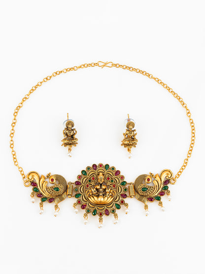 Aadita Gold Plated Temple Design Peacock Choker Necklace Set with Earrings