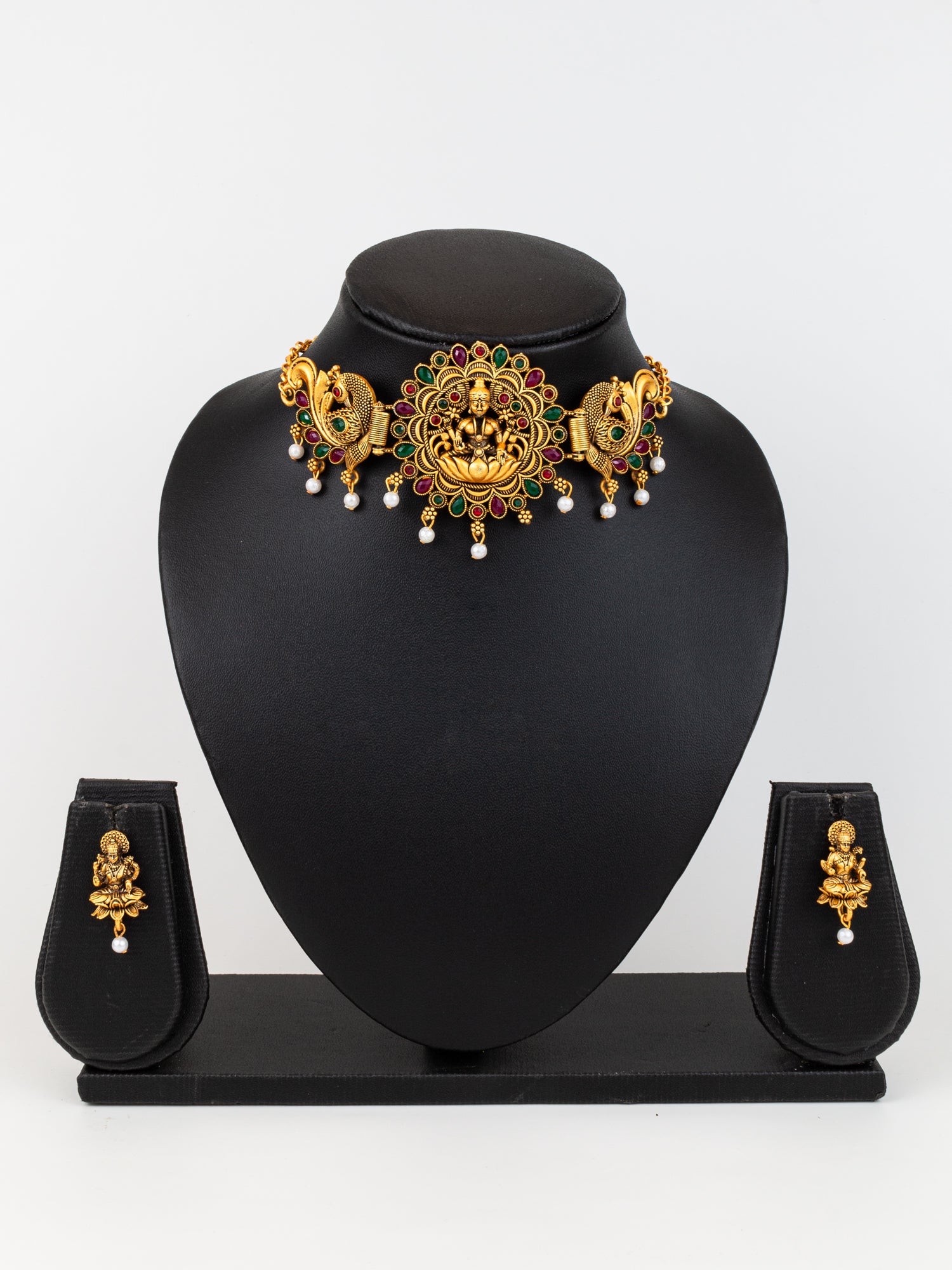 Aadita Gold Plated Temple Design Peacock Choker Necklace Set with Earrings