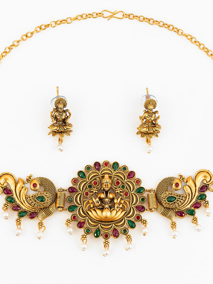 Aadita Gold Plated Temple Design Peacock Choker Necklace Set with Earrings