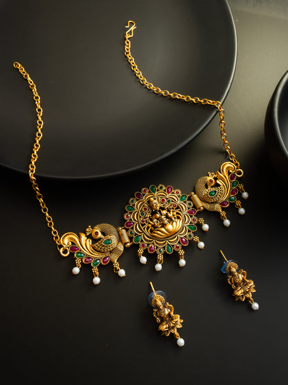 Aadita Gold Plated Temple Design Peacock Choker Necklace Set with Earrings