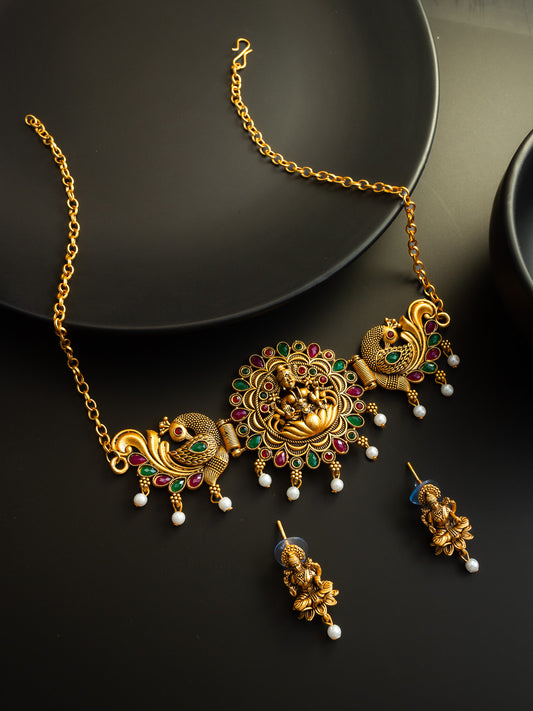 Aadita Gold Plated Temple Design Peacock Choker Necklace Set with Earrings