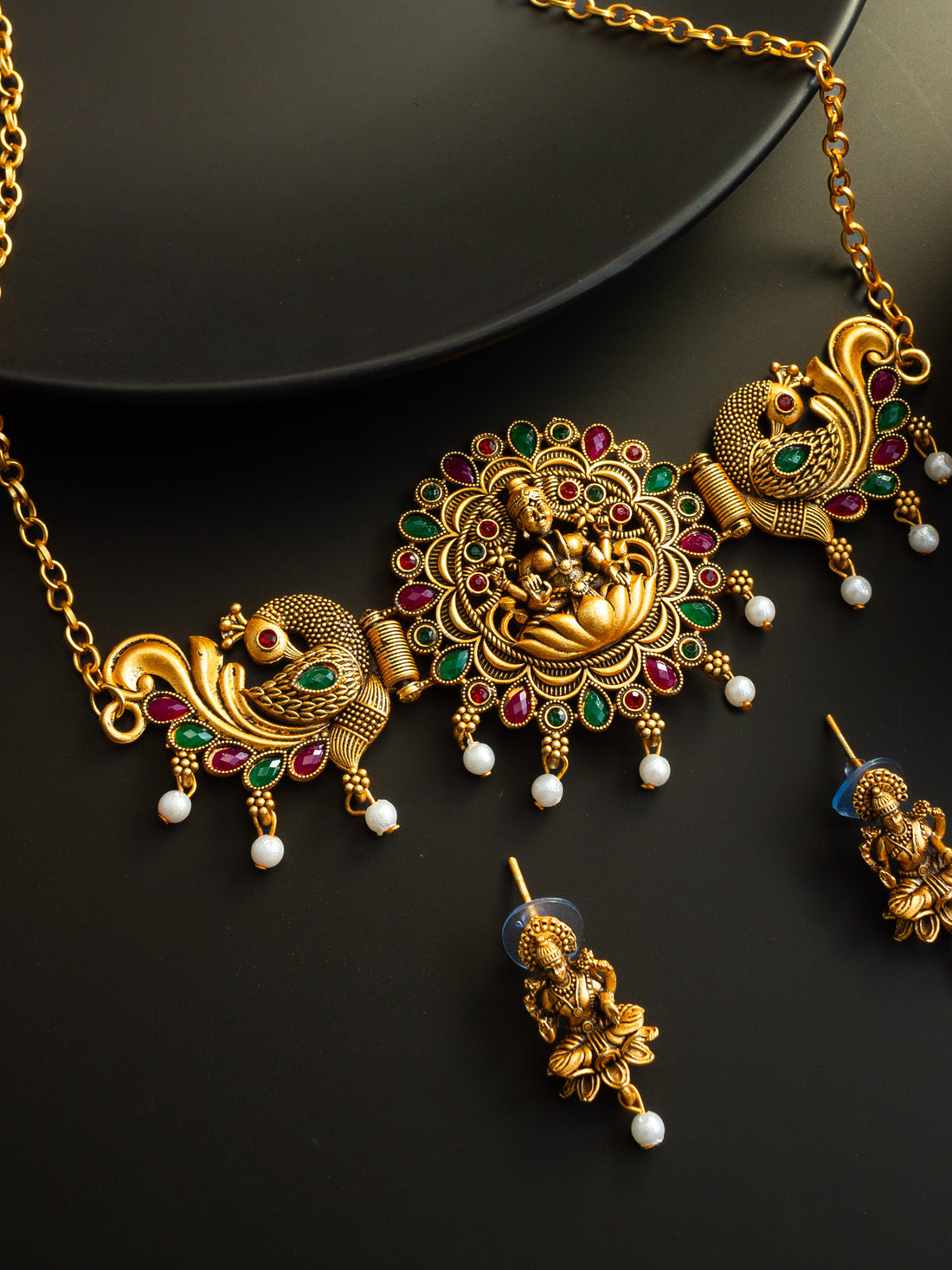 Gold Plated Temple Design Peacock Choker Necklace Set with Earrings