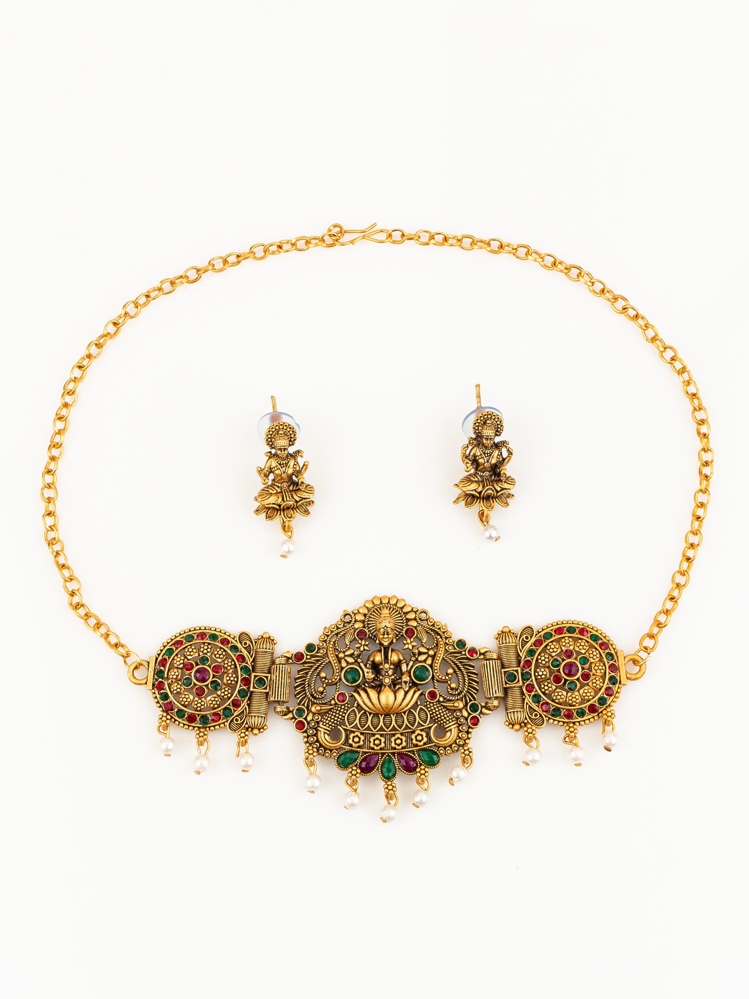 Aadita Gold Plated Lakshmi Temple Necklace Set with Green & Red Kemp Stones