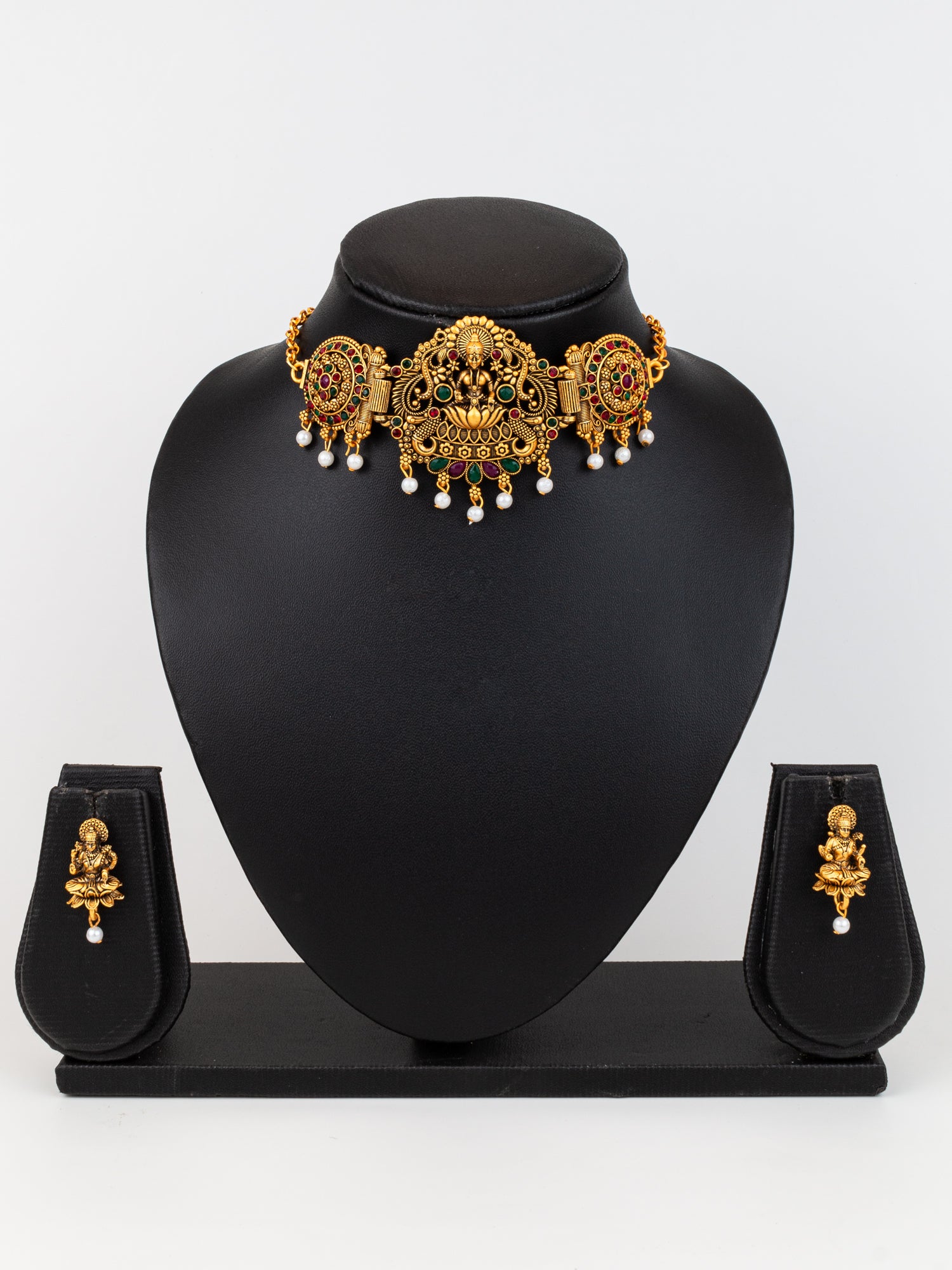 Aadita Gold Plated Lakshmi Temple Necklace Set with Green & Red Kemp Stones