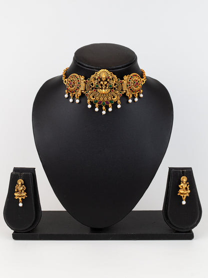 Aadita Gold Plated Lakshmi Temple Necklace Set with Green & Red Kemp Stones