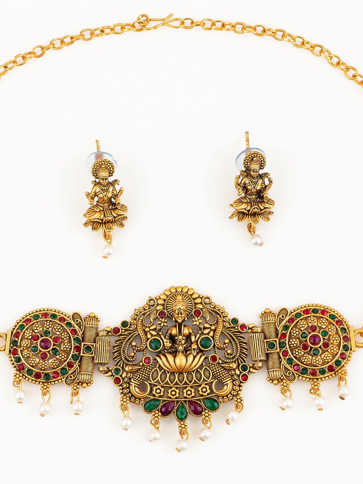 Aadita Gold Plated Lakshmi Temple Necklace Set with Green & Red Kemp Stones