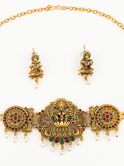 Aadita Gold Plated Lakshmi Temple Necklace Set with Green & Red Kemp Stones