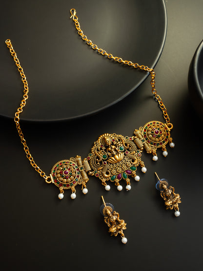 Aadita Gold Plated Lakshmi Temple Necklace Set with Green & Red Kemp Stones