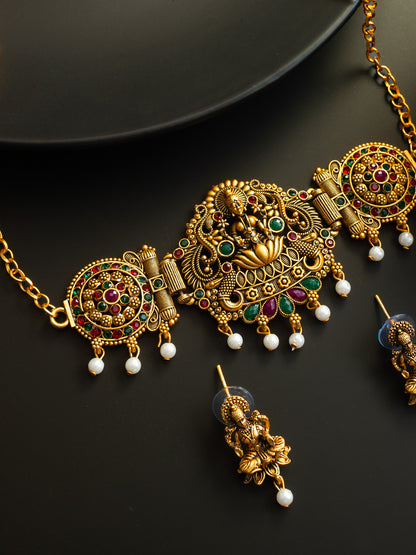 Aadita Gold Plated Lakshmi Temple Necklace Set with Green & Red Kemp Stones