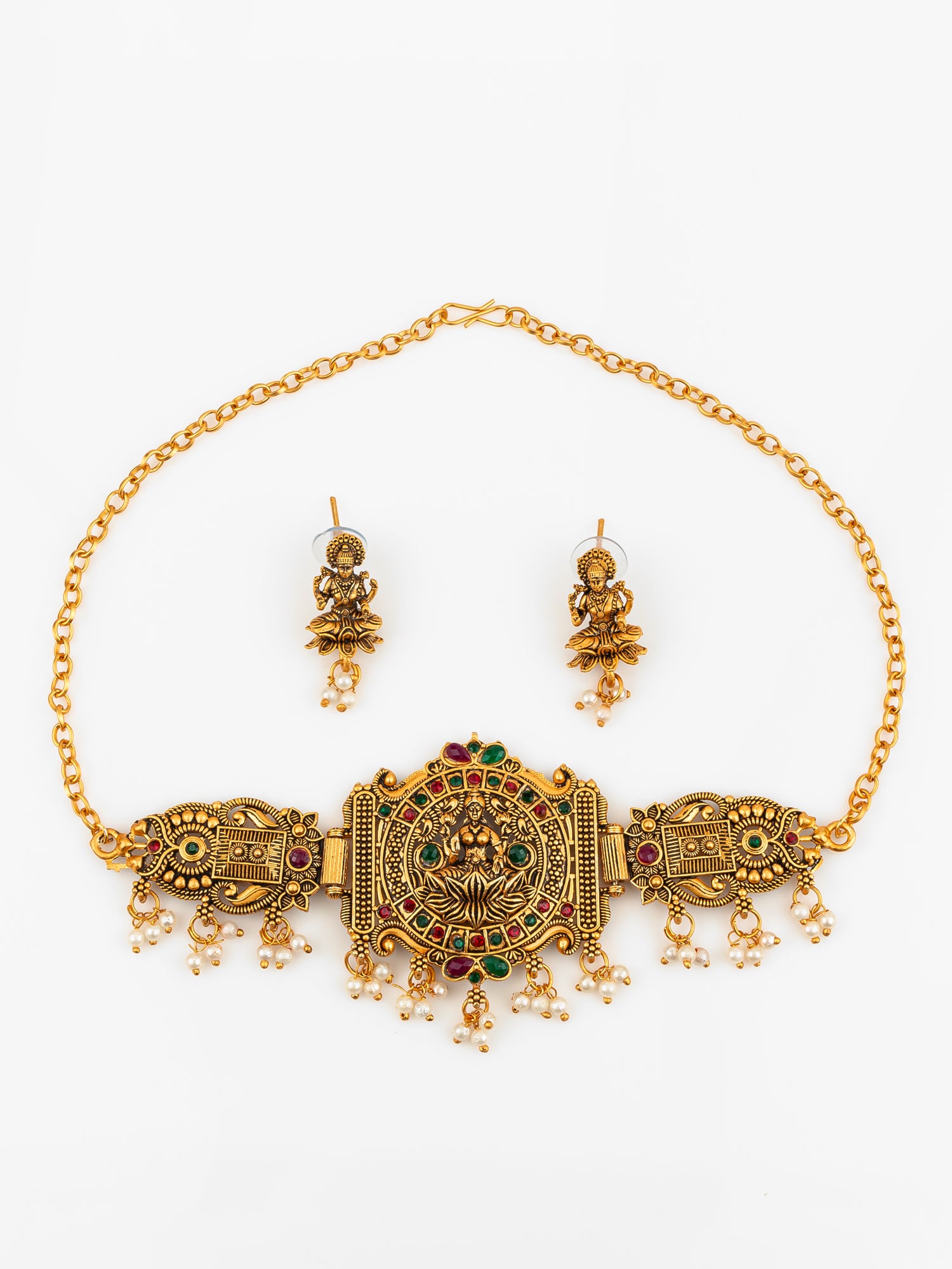 Aadita Gold Plated Laxmi Temple Necklace Set With Pearl Beads