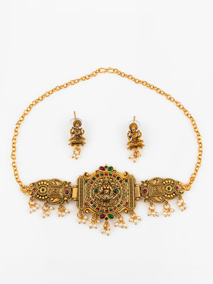 Aadita Gold Plated Laxmi Temple Necklace Set With Pearl Beads