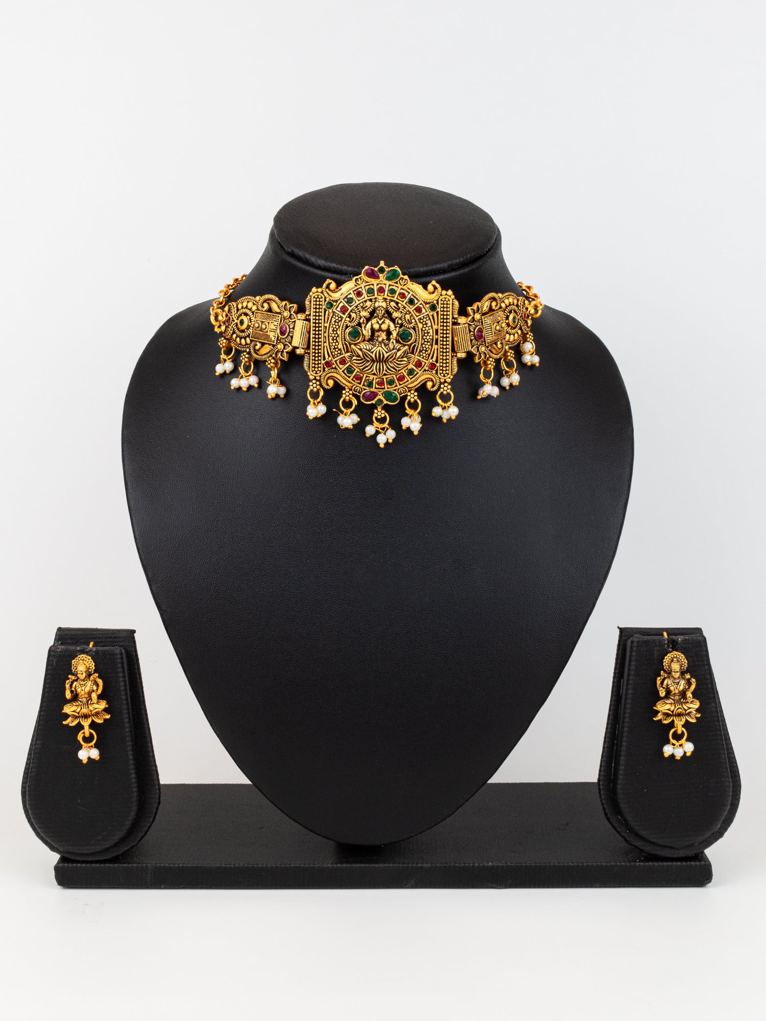 Aadita Gold Plated Laxmi Temple Necklace Set With Pearl Beads