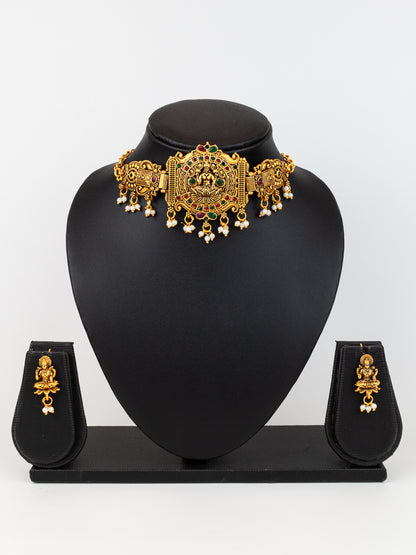 Aadita Gold Plated Laxmi Temple Necklace Set With Pearl Beads