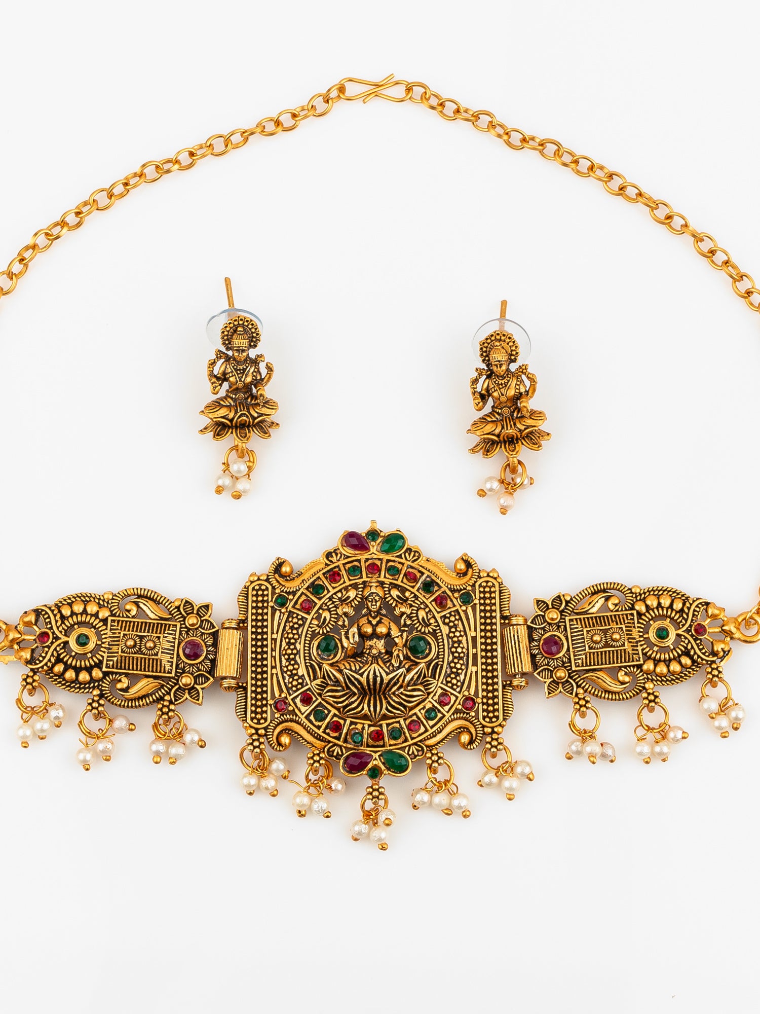 Aadita Gold Plated Laxmi Temple Necklace Set With Pearl Beads