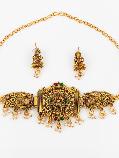 Aadita Gold Plated Laxmi Temple Necklace Set With Pearl Beads