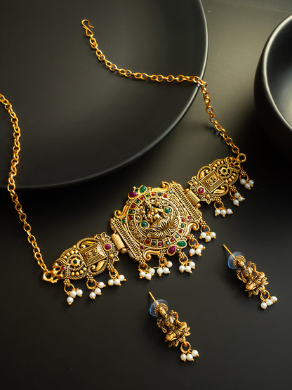 Aadita Gold Plated Laxmi Temple Necklace Set With Pearl Beads