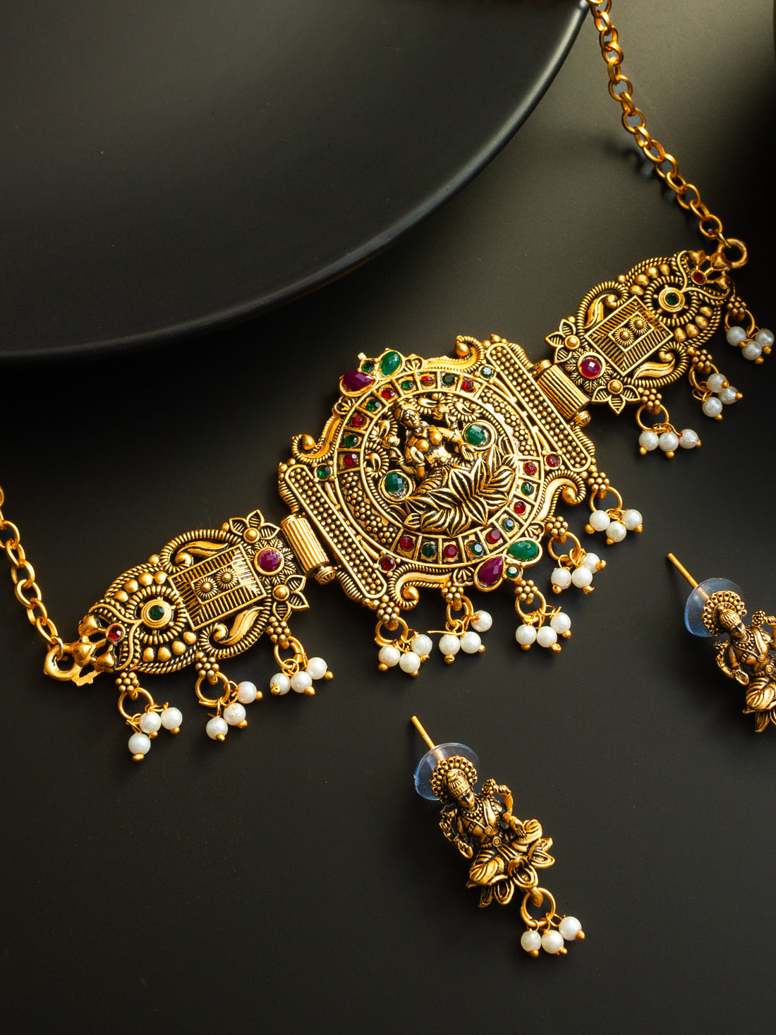 Gold Plated Laxmi Temple Necklace Set with Pearl Beads