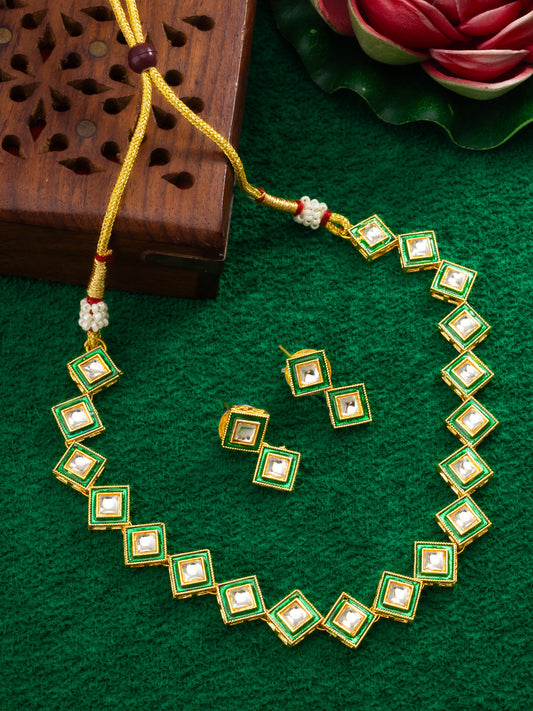 Aadita Gold Plated Green Meenakari Kundan Necklace Set for Women